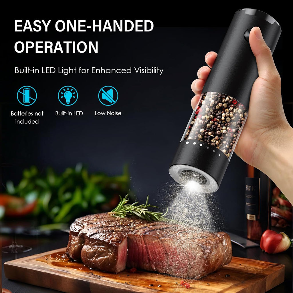 Skiennix Electric Salt and Pepper Grinder Set - Automatic Shakers with 6-Level Coarseness | Battery Operated, Black