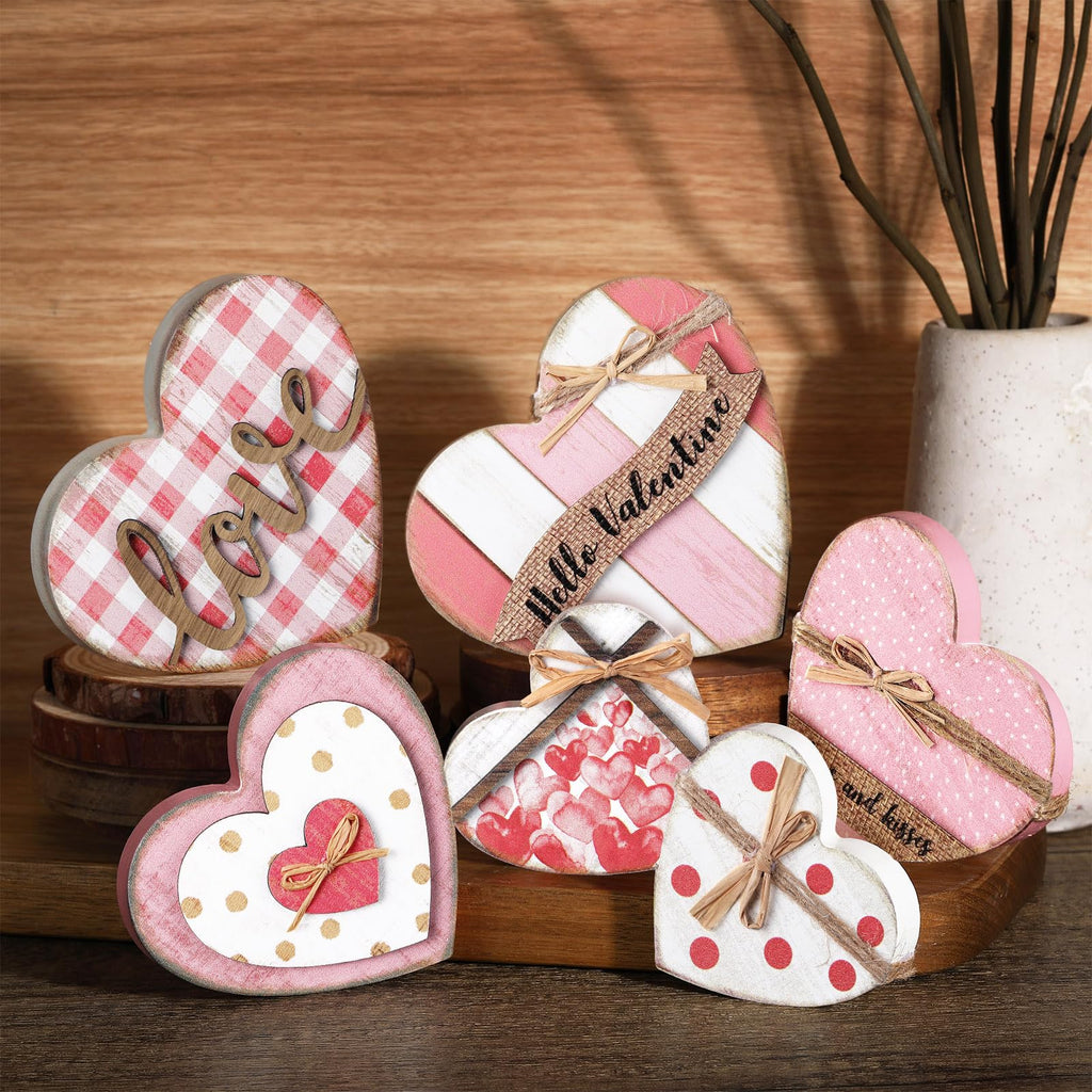 Wonderjune 6 Pcs Valentine‘s Day Decorations Rustic Heart Shaped Wooden Sign Farmhouse Love Wood Block Table Centerpiece Valentines Tiered Tray Decor for Valentines Day Wedding Home(Cute Style)