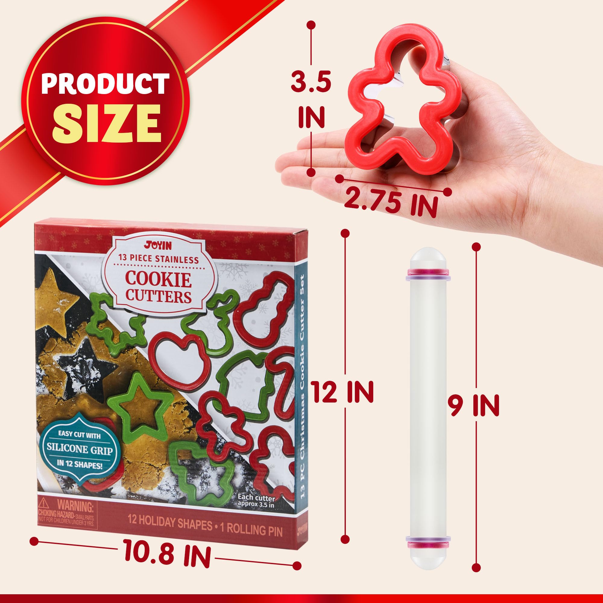 JOYIN 13 PCS Christmas Cookie Cutters in Stainless Steel with 3.5í plus Grip and a Rolling Pin for Xmas Holiday Party Baking Supplies, Snowflake, Gingerbread Cookies Mold and Baking Gift