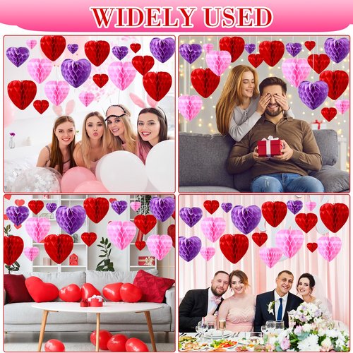 Seajan 30 Pcs Heart Honeycomb Party Decorations Pink Red Light Purple Tissue Paper Heart Shaped Pom Poms Decoration Valentine Hanging Decorations for Birthday Wedding, 5 Size