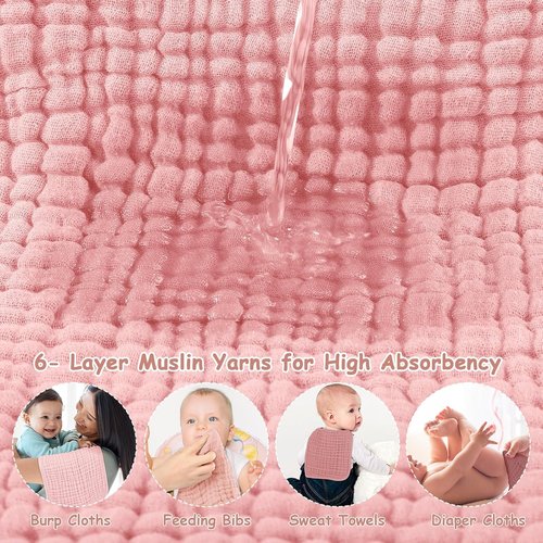 Looxii Muslin Burp Cloths - Ultra Soft & Absorbent 6-Layer 100% Cotton | 20" x 10" | Pink Gradient, Perfect for Newborns