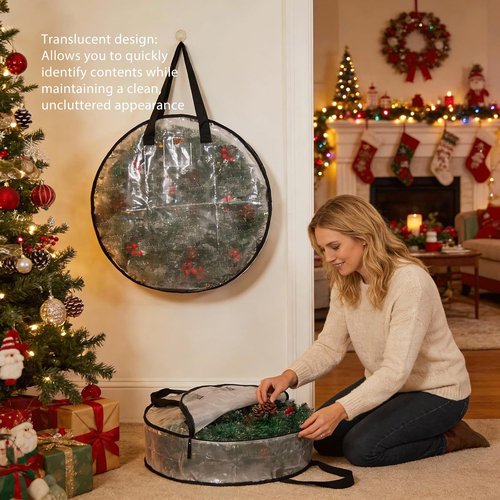 Hayoulabo Clear Christmas Wreath Storage Bags - Waterproof 24 Inch Container with Dual Zipper & Reinforced Handles for Holiday Decor Organization