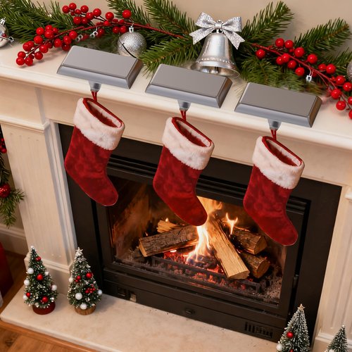 GloTika Christmas Stocking Holders for Mantle Set of 6, Heavy Duty Stocking Holder Hooks for Fireplace Tabletop Shelf Christmas Ornaments, Cast Iron Stocking Hangers Base, Sliver