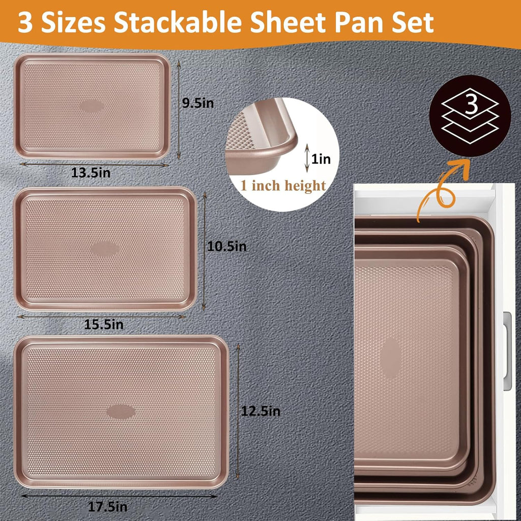 SS&CC Nonstick Baking Sheet Pan Set - 3 Durable Carbon Steel Cookie Sheets, PFOA-Free & Oven Safe (17.5x12, 15.5x10.2, 13.5x9.5 Inch)