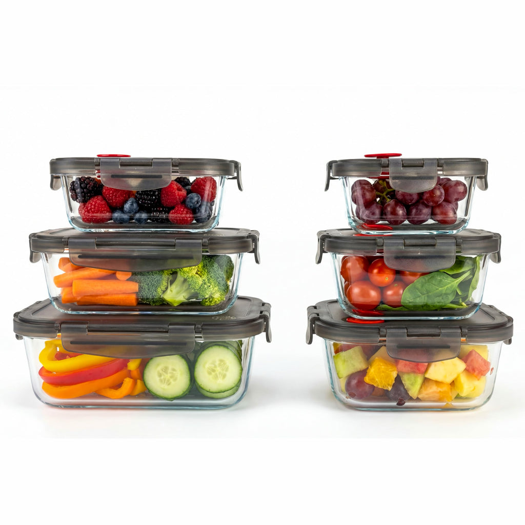 Clutterix Borosilicate Glass Airtight Food Storage Containers with Vented Lids, Assorted Set of 6 (3 Rectangular & 3 Square)