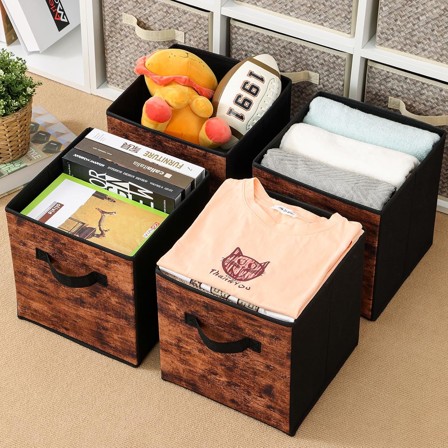 Stero Fabric Storage Cubes - 6 Pack Foldable Bins with Handles | 13 Inch Rustic Brown & Black Organizer