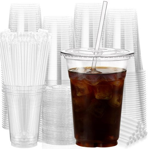 cundao 100 Pack 16 oz Clear Plastic Cups with Lids and Straws, [Leak-Proof & Crack-Resistant] Disposable Iced Coffee Cups for Smoothies, Bubble Tea, Juice and Cold Drinks, BPA Free