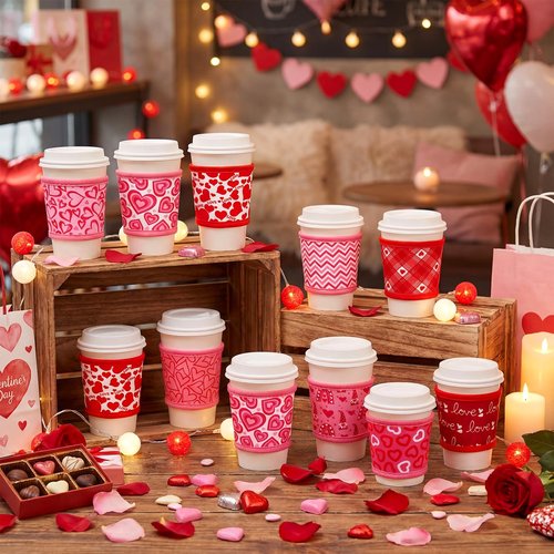 Potchen 16 Pack Reusable Iced Coffee Cup Sleeves Neoprene Insulated Drink Cup Insulator Sleeve for Cold Hot Drinks Ice Coffee Sleeve for 12-16Oz (Valentine)