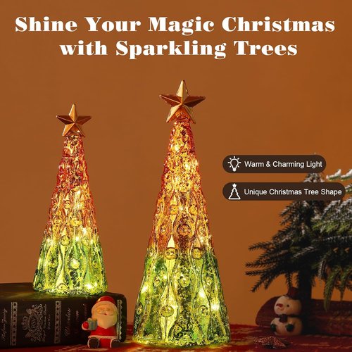Lewondr Glass Christmas Trees - 2 PCS Tabletop Mercury Trees with Built-In Lights | Green & Gold Decor