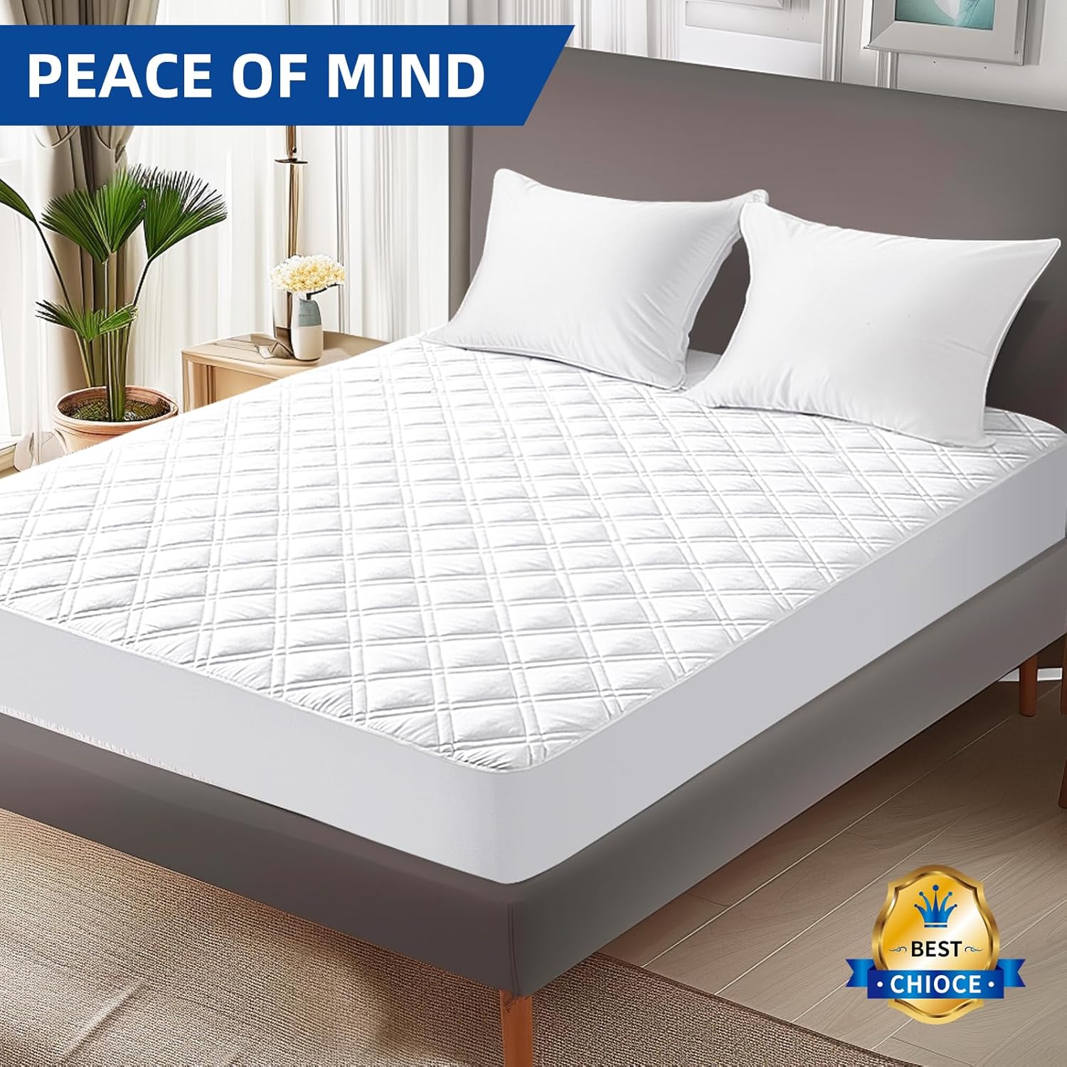 MEELUS Queen Mattress Protector - Breathable Waterproof Fitted Pad Cover | Soft, Noiseless & Washable, White