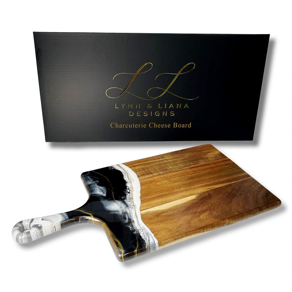 LYNN & LIANA Large Acacia Cheese Board | Wood Resin Cutting Board | Luxury Charcuterie Board for Serving | Handmade Cutting Board | 10 In x 20 In - Onyx
