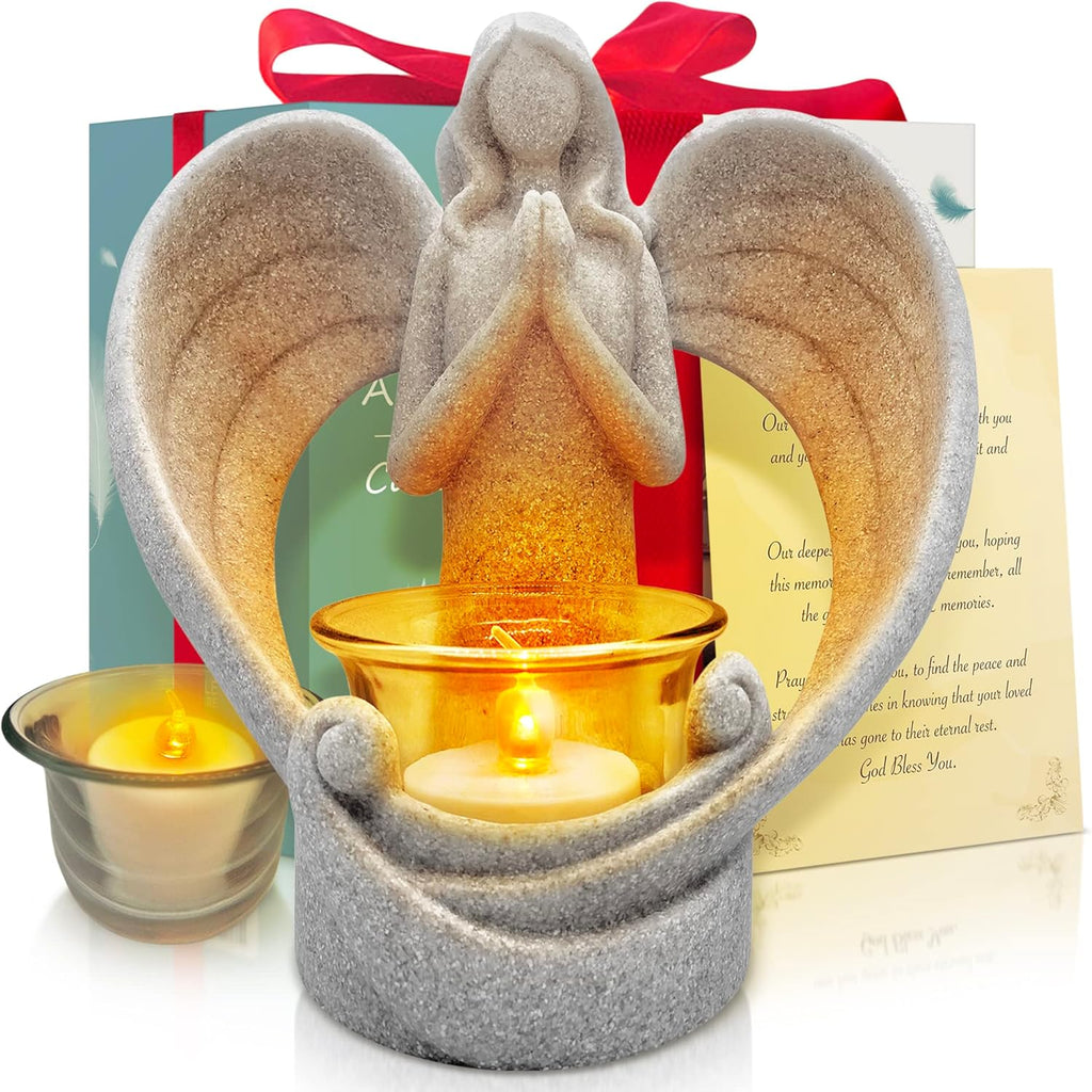 OakiWay Memorial Candle Gift - Angel Figurine Tealight Holder with Flickering LED Candle | Sympathy & Bereavement Decor
