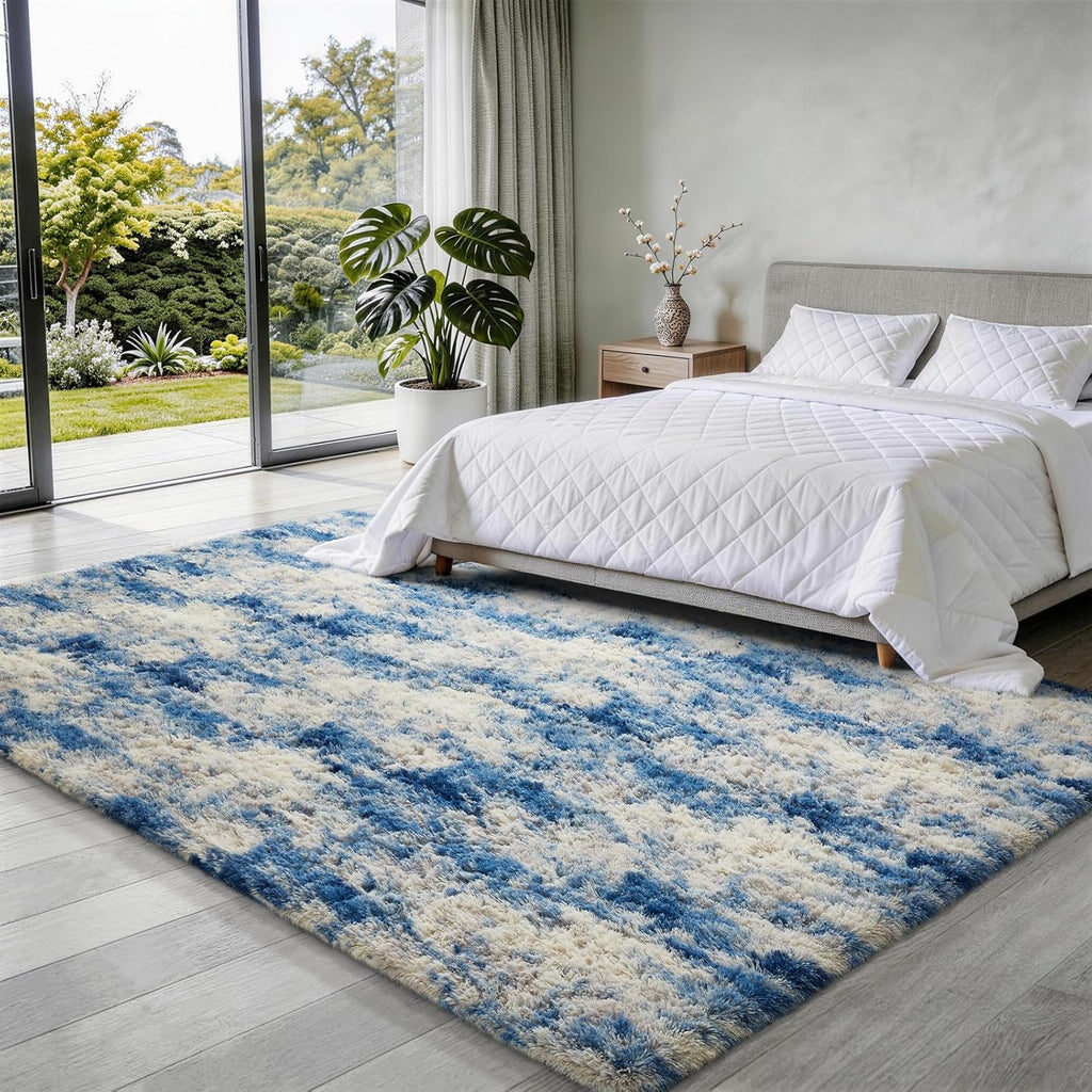 Ophanie Area Rug - Fluffy Shag Soft Carpet for Living Room | 5x7 Blue, White & Grey Design