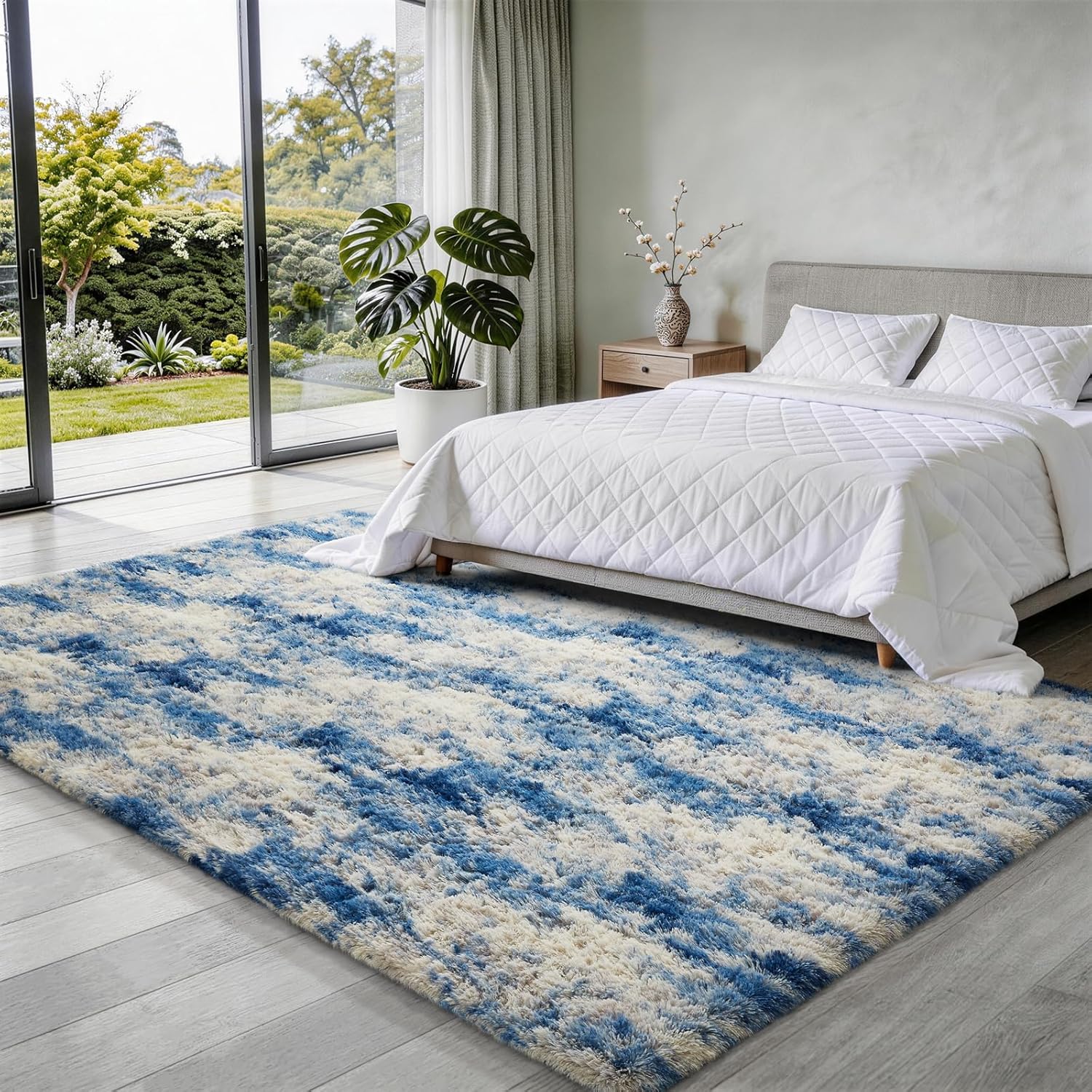 Ophanie Area Rug - Fluffy Shag Soft Carpet for Living Room | 5x7 Blue, White & Grey Design