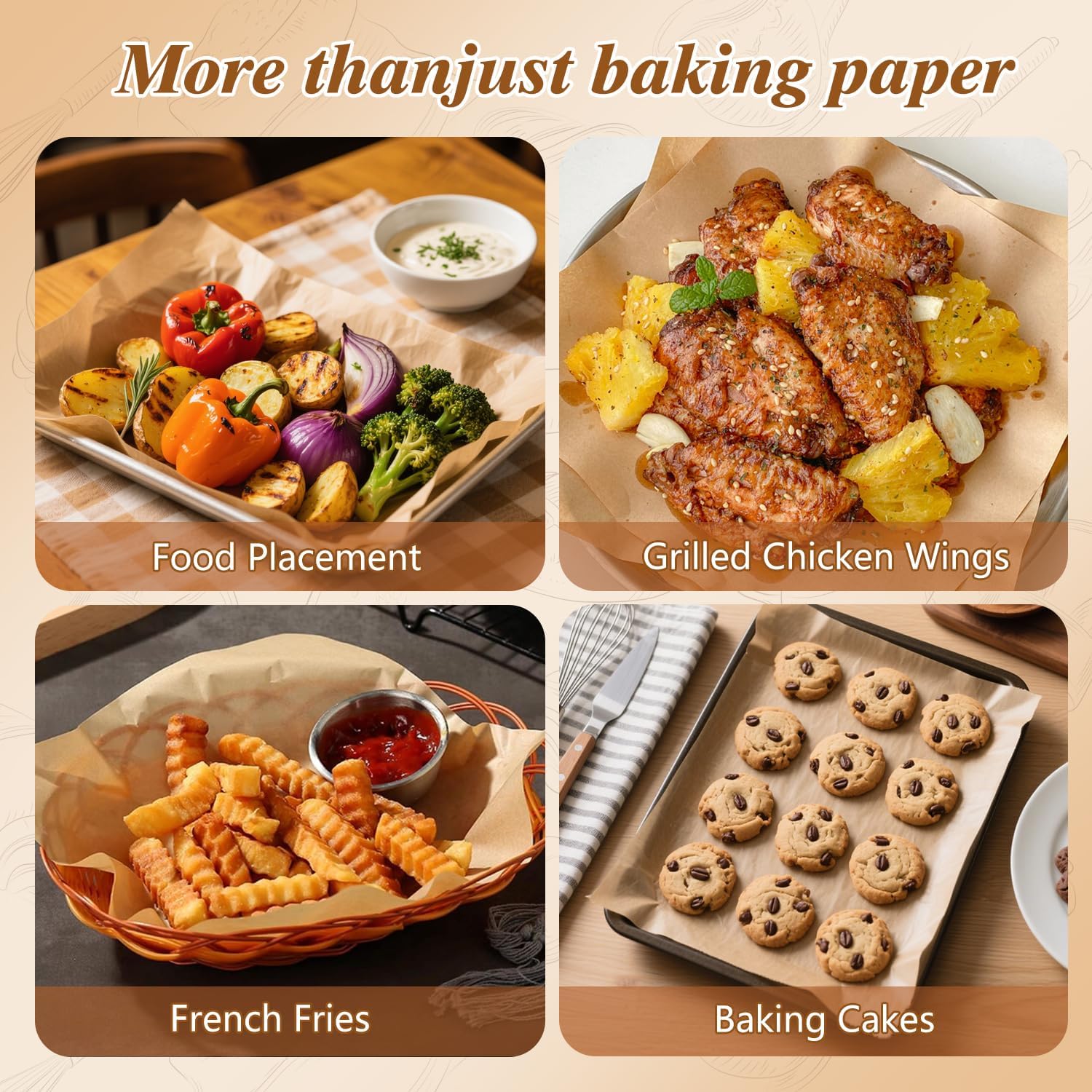 Skiennix Parchment Paper Sheets - 300 Pcs Unbleached Non-Stick Baking Paper | 12x17 Inches for Oven & Air Fryer