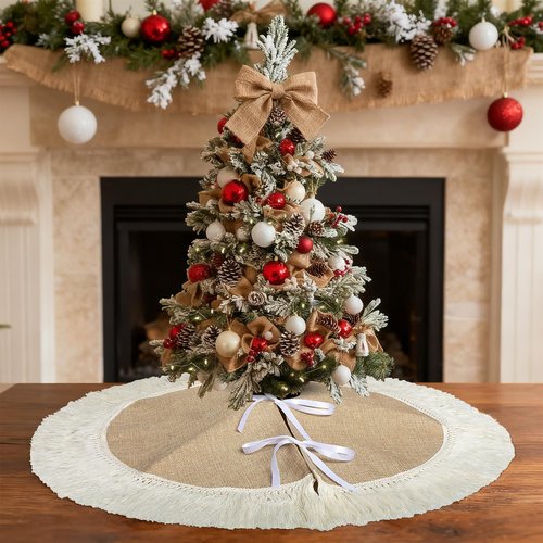 Yuboo 24" Burlap Spring Tree Skirts with Tassel, Brown Rustic Farmhouse Jute Linen Christmas Tree Skirt for Holiday Party Farmhouse Home Decor Ornaments