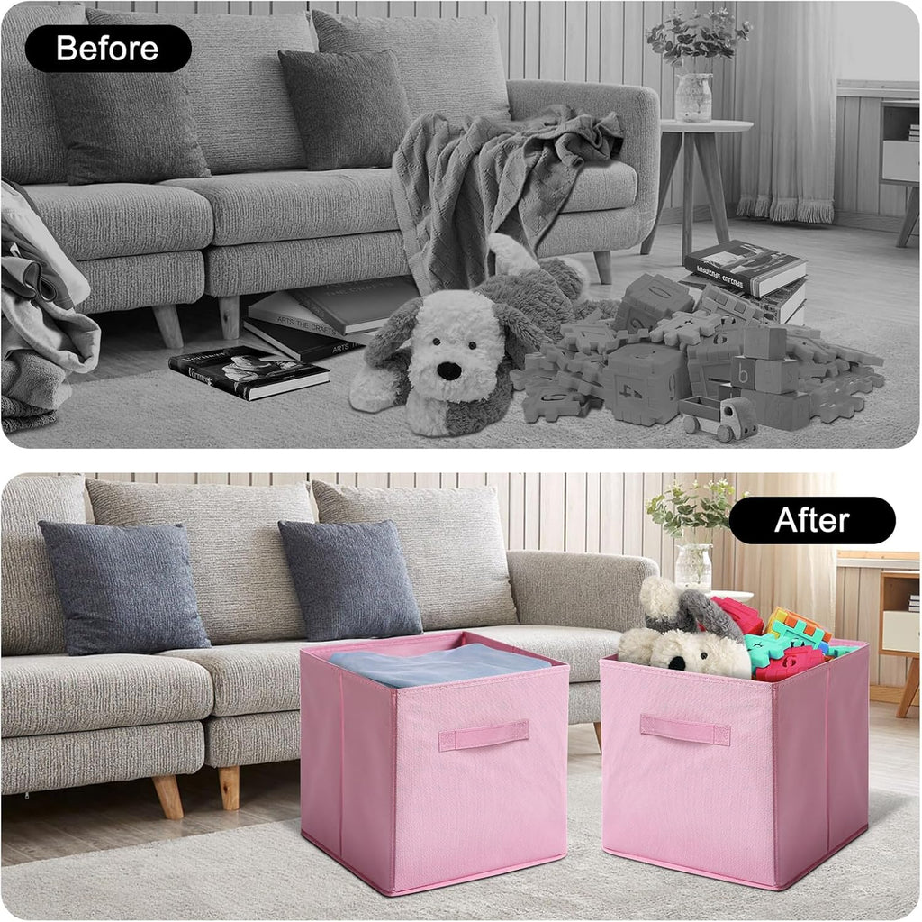 Skiennix Fabric Storage Bins - 6 Pack Collapsible Cube Organizer for Closet & Living Space | Foldable Boxes with Handles (Pink, 11 Inch)