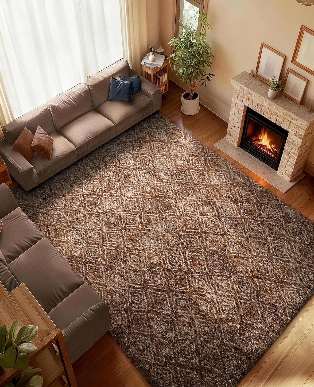 Ophanie Brown & White Diamond Striped Area Rug - Fluffy Shag Soft Carpet for Living Room | 6x9 Size