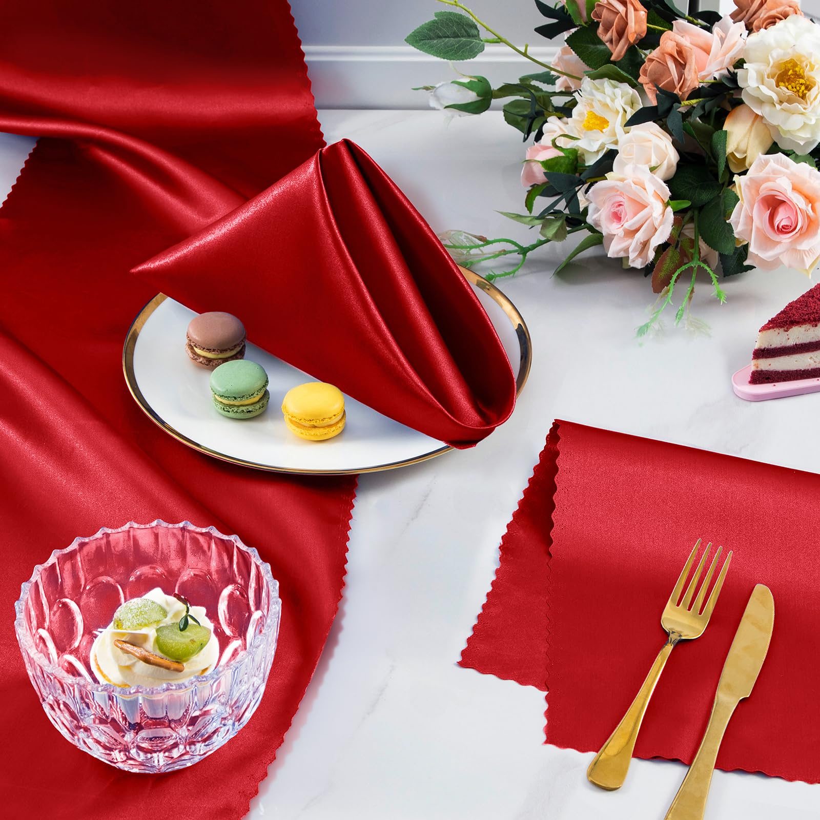 Horbaunal 100 Pack Satin Napkins 17" x 17" Square Dinner Napkins with Elegant Lace, Soft Cloth Napkins for Parties, Weddings, Events, Red