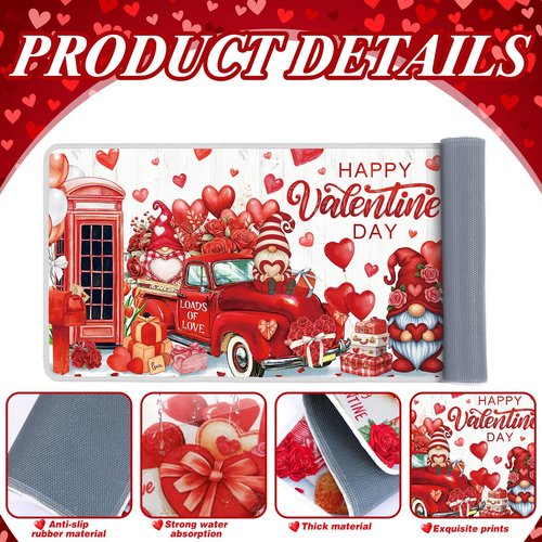 Drydiet 3 Pcs Valentine's Day Kitchen Rugs and Mats Set Love Heart Red Non Slip Rug Gnome Roses Waterproof Floor Mat for Romantic Valentines Kitchen Entrance Bar Office Home Bathroom Door Party Decor
