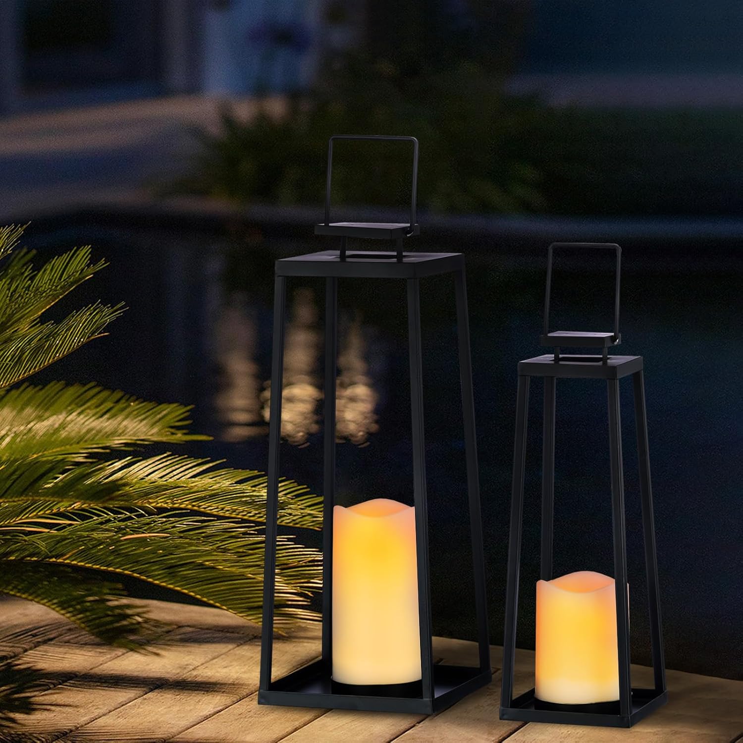 Skiennix Solar Lantern Set of 2 - Modern Black Metal Lanterns with Solar Candles for Outdoor Decor (18’’ & 15’’)