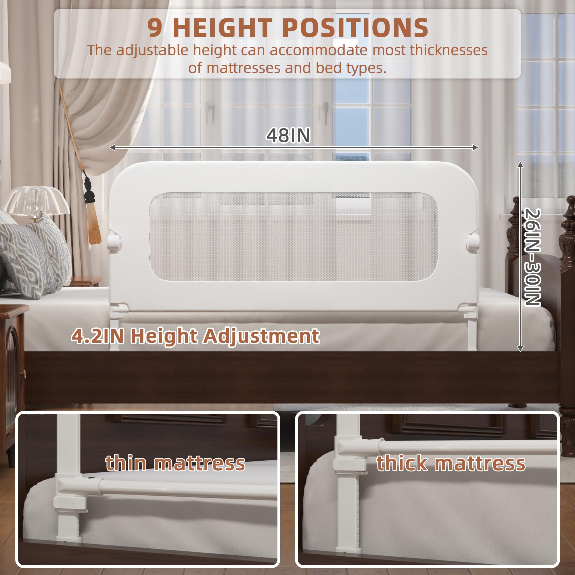 FigTime Bed Rail for Toddlers, Baby Bed Rail Guard for Kids, Toddler Bed Rails with Reinforced Anchor Fit, Height Adjustable & Foldable Bed Rail Guard for Twin, Full, Queen & King Beds (White, 48IN)