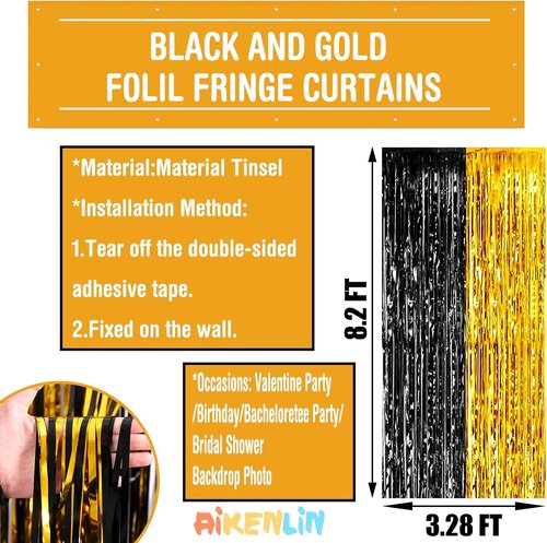 Black Gold Foil Fringe Curtain Backdrop by [Brand Name] - 4 Pack, 3.2Ft x 8.2Ft for Photo Booths & Parties