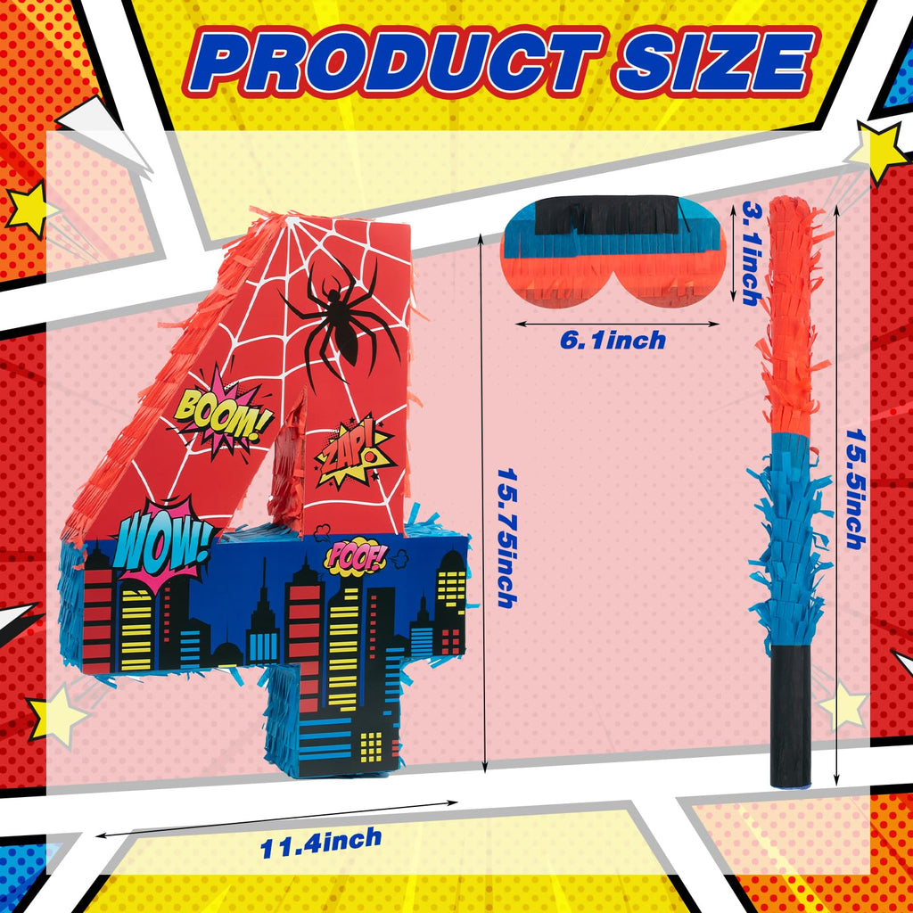 Number 4 Spider Pinata Bundle with 16 Inch Piñata Stick Blindfold Confetti for Hero Birthday Party Decoration Anniversary Celebration Gift Spider Party Favors for Kids, 16 x 11.6 x 2.4 Inch