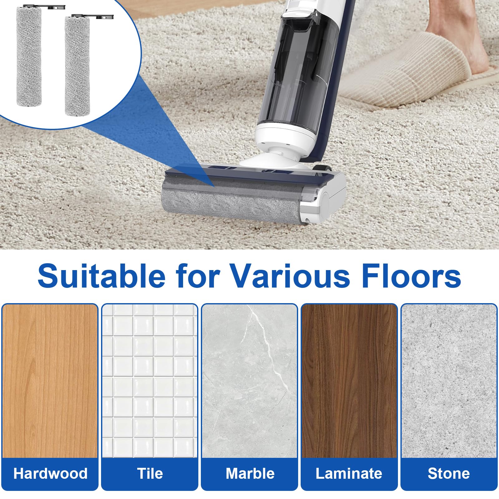 Accessory Set for Tineco iFLOOR 5 Breeze Complete Wet/Dry All-in-One Vacuum Cleaner Replacement Parts, 2 Brush Rollers + 2 Filters + 1 Cleaning Brush