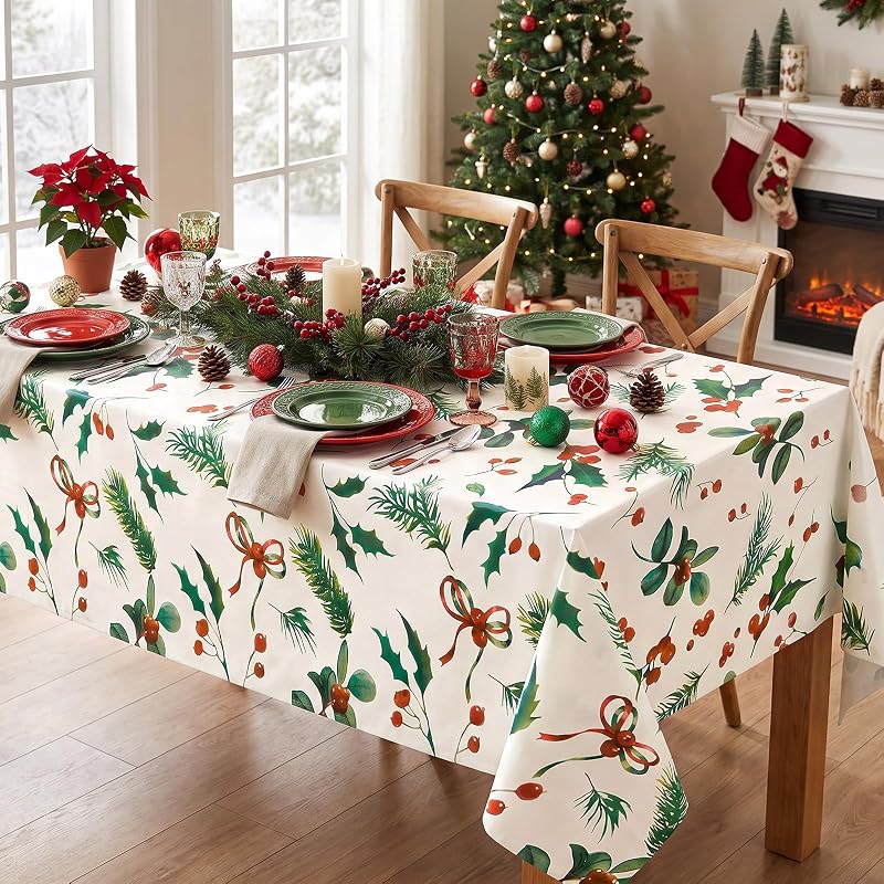 Green Christmas 3 Pack Disposable Tablecloths 54 x 108 in - Holly Berry Pattern