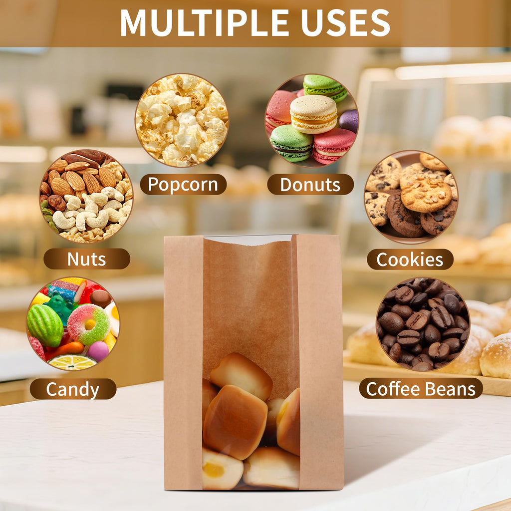 Bpole Cookie Bags with Seal - 50 PCS Small Bakery Bags with Window,5.1x2.8x9.1Inches Kraft Paper Cookie Treat Bag for Cookie Packaging Coffee Bean Snack Party