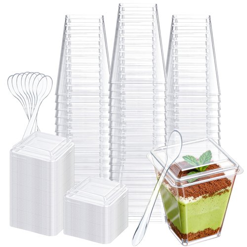Pryntono 60 Pack 5 oz Plastic Dessert Cups with Lids and Spoons, Clear Mini Dessert Shooter Cups for Pudding, Fruit and Ice Cream