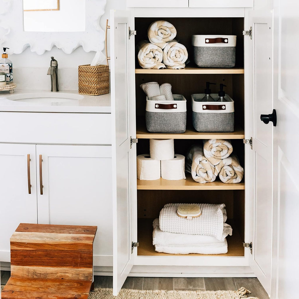 OrganiHaus Small Fabric Storage Baskets - 3 Pack 12x8in Cloth Bins for Organizing | Gray/Off-White