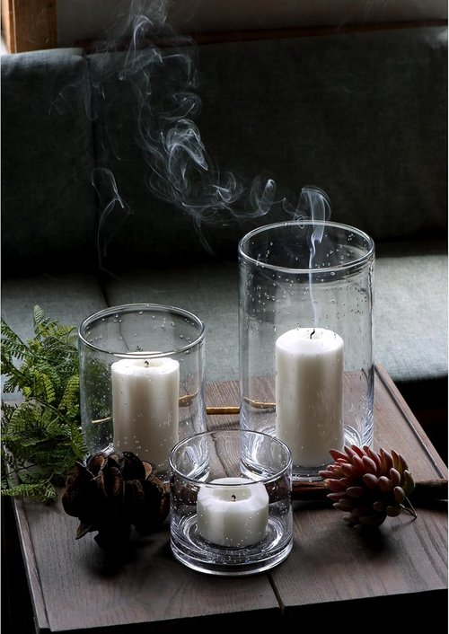ARIAMOTION Hurricane Candle Holders - Hand Blown Glass Cylinder Vases | Clear Seeded Bubbles - Set of 3 (10", 7", 4")
