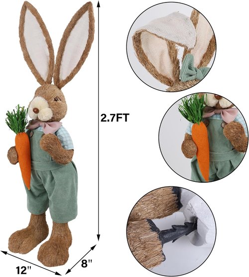 Dr. Dudu Easter Bunny Decor - 2.7 FT Large Bunny Statue with Carrot | Outdoor Porch Decoration for Spring