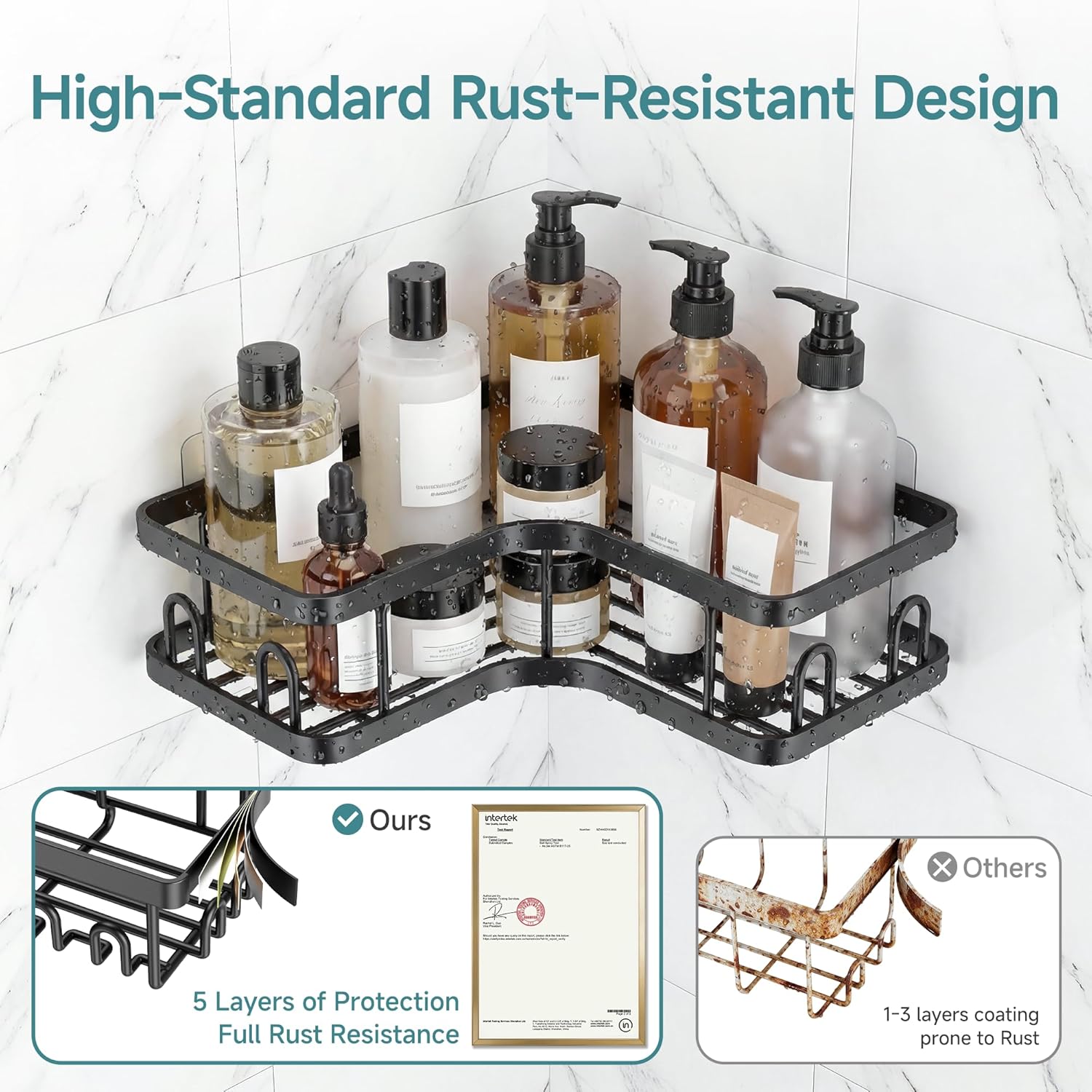 Veken Corner Shower Caddy - Rustproof No-Drill Adhesive Shelves & Soap Holder | Large Capacity, Black