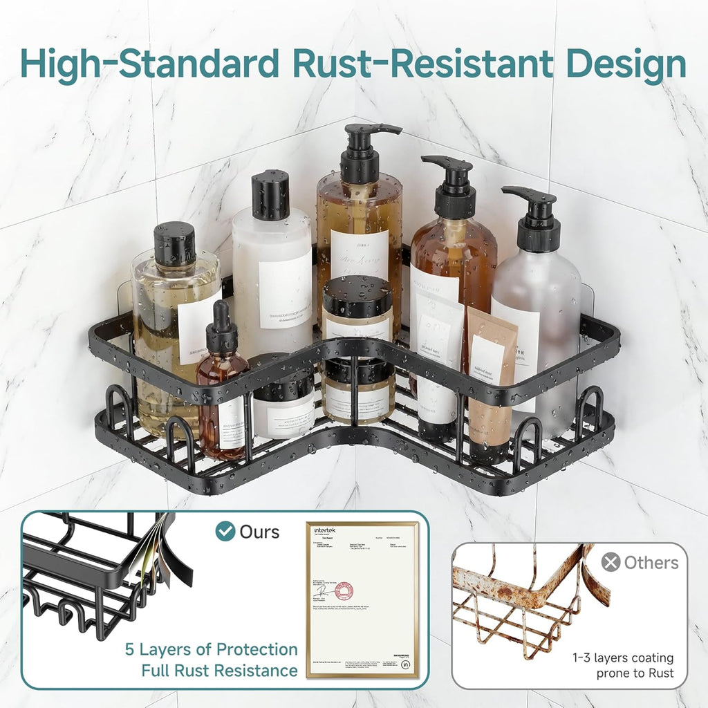 Veken Corner Shower Caddy 3-Pack - Adhesive, Rustproof & Waterproof Bathroom Organizers | Black