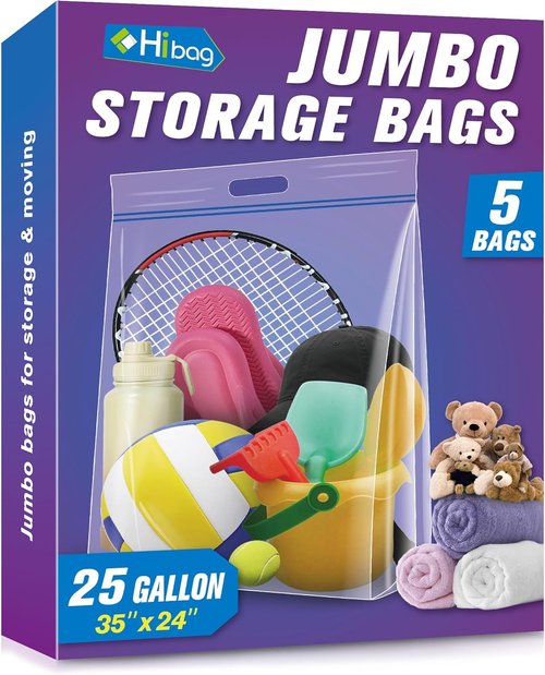 HIBAG Jumbo Storage Bags - 25 Gallon Resealable Clear Bags with Handle | Extra Large Heavy Duty for Travel & Moving - Pack of 5