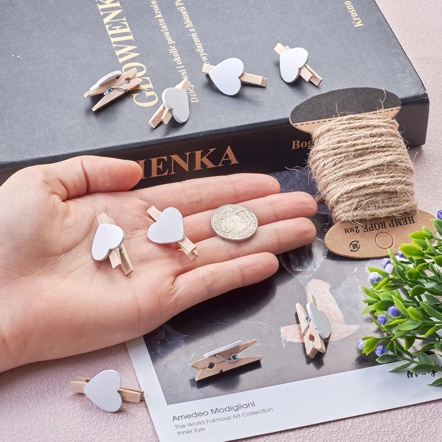 Pandahall 100 Pcs White Heart Clothespins - Wooden Craft Clips with 10.9 Yards Jute Twine for Photo Display