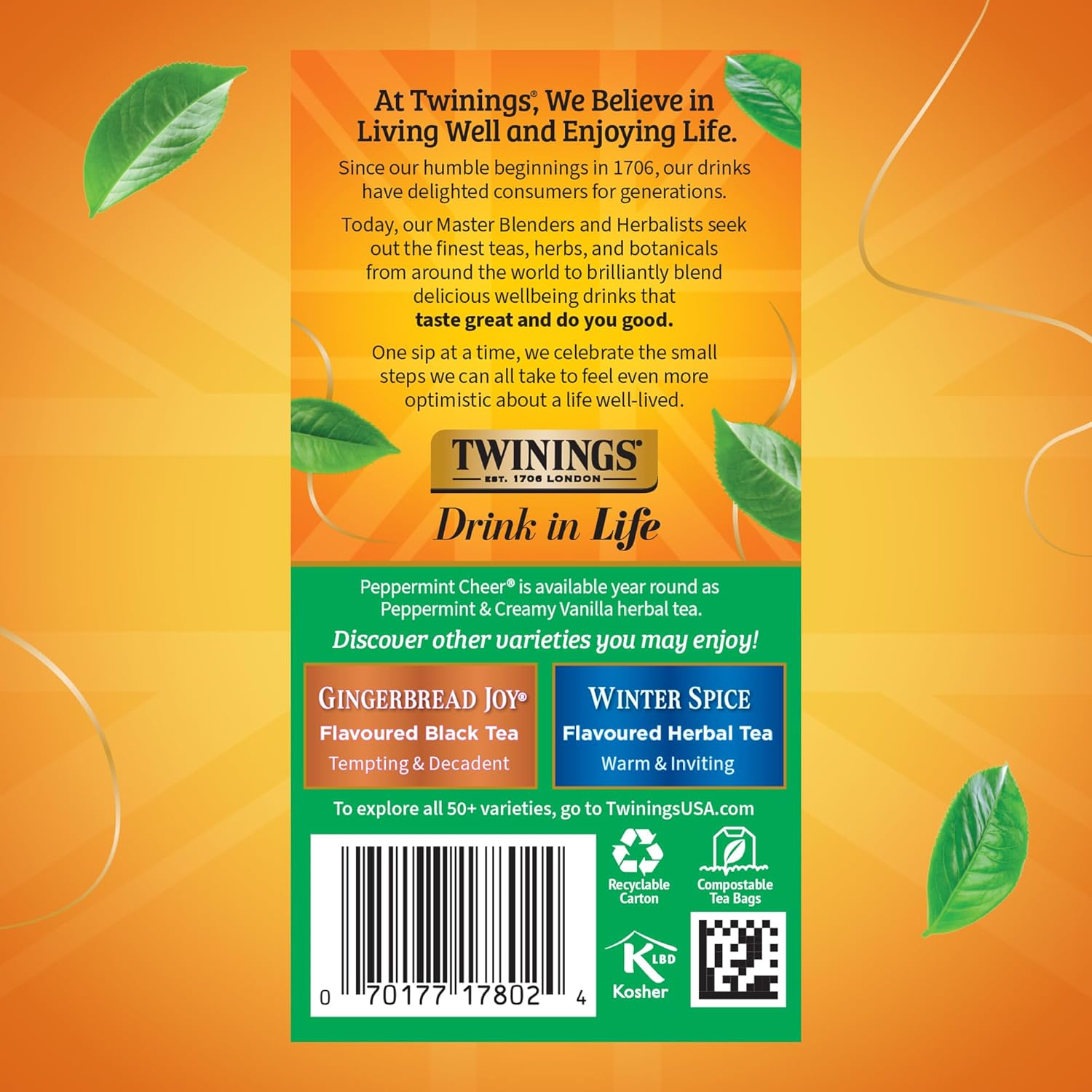 Twinings Peppermint Cheer Herbal Tea - Caffeine-Free, 20 Individually Wrapped Bags (Pack of 6) | Refreshing Hot or Iced
