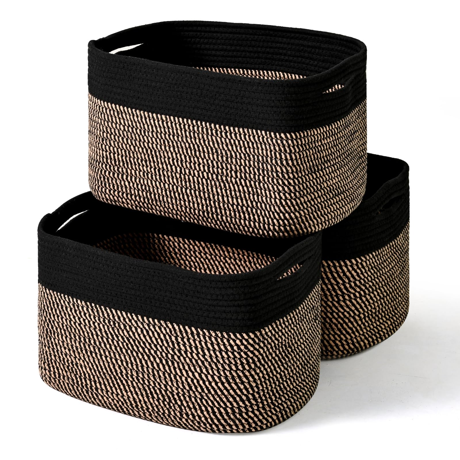 ICERZCZ Storage Baskets for Organizing Shelves, Toy Basket for Kid's Room, Woven Cotton Rope Basket for Decor, Organizing Baskets for Bedroom Living Room, 15"x11"x9.5", 3 Packs, Black & Jute