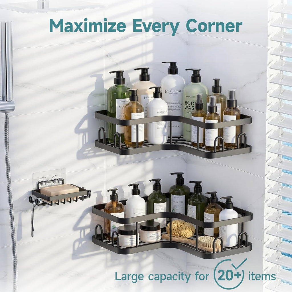 Veken Corner Shower Caddy 3-Pack - Adhesive, Rustproof & Waterproof Bathroom Organizers | Black