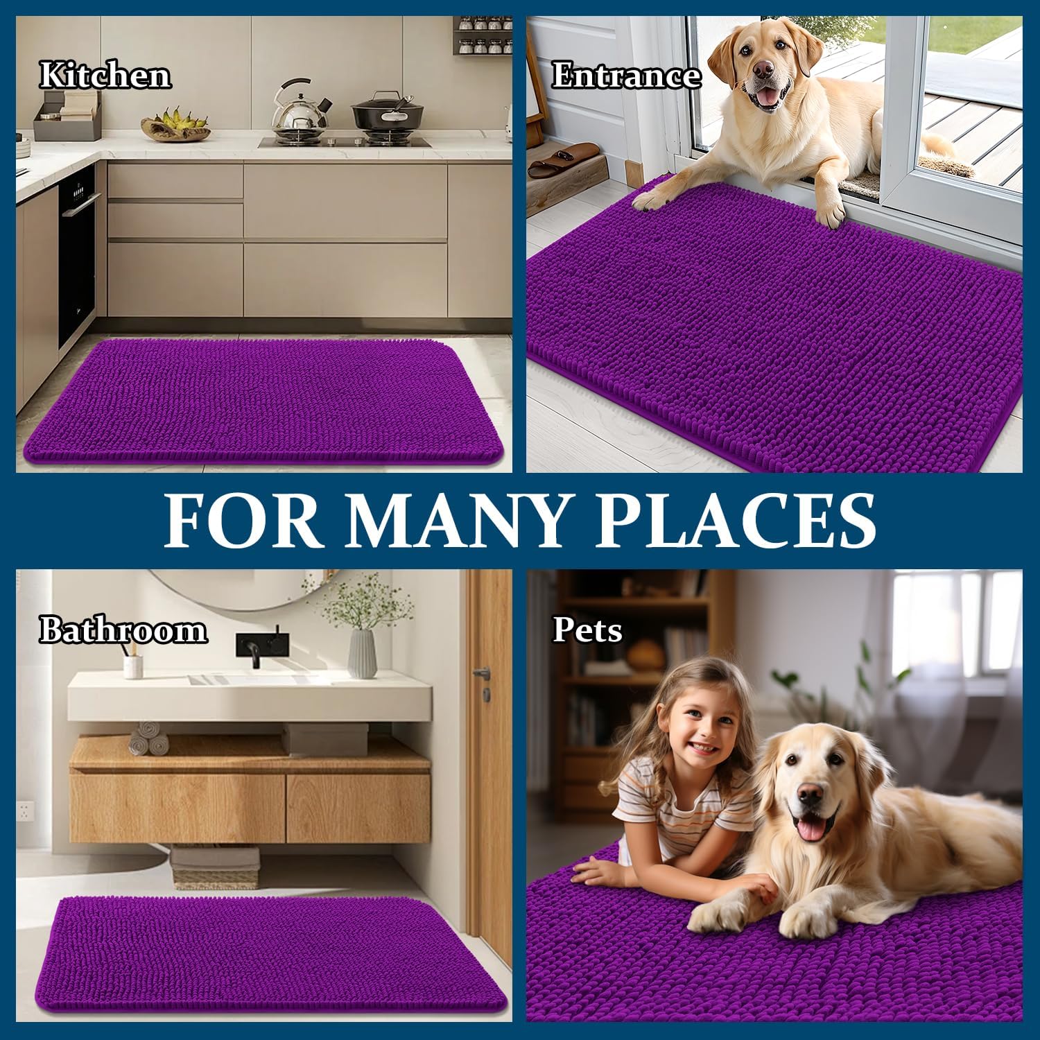 OLANLY Dog Door Mat - Absorbent Non-Slip Washable Chenille Mat for Muddy Paws | 36x24, Purple