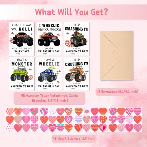 VIZAUZIE Monster Truck Valentines Cards for Kids - 48 Packs Valentine Day Cards Classroom for Boys - School Valentine's Card Bulks with Envelopes & Heart Stickers