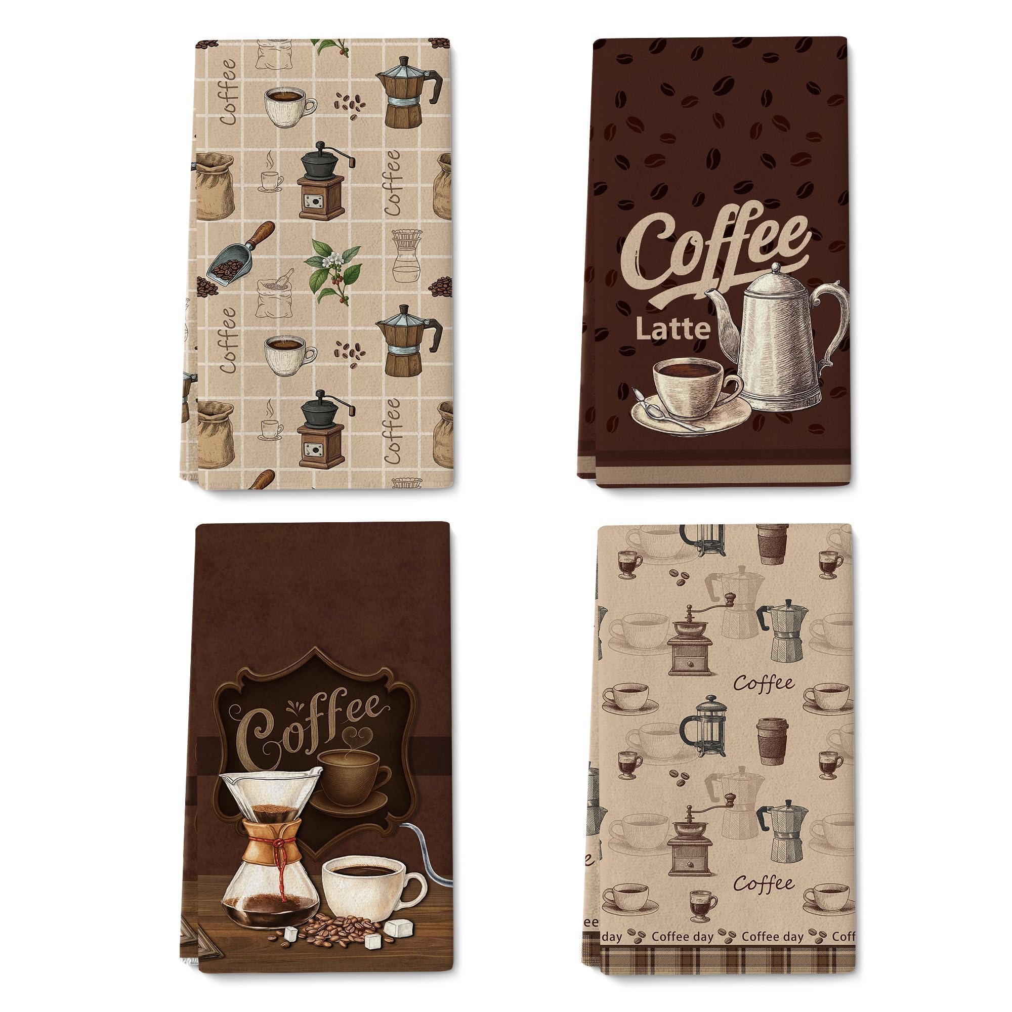 Verdiqor Vintage Coffee Kitchen Towels Decorative Set of 4, Brown Dish Towels Soft Absorbent Cute Tea Towel Hand Towel for Coffee Bar Drying Cleaning Kitchen Decor