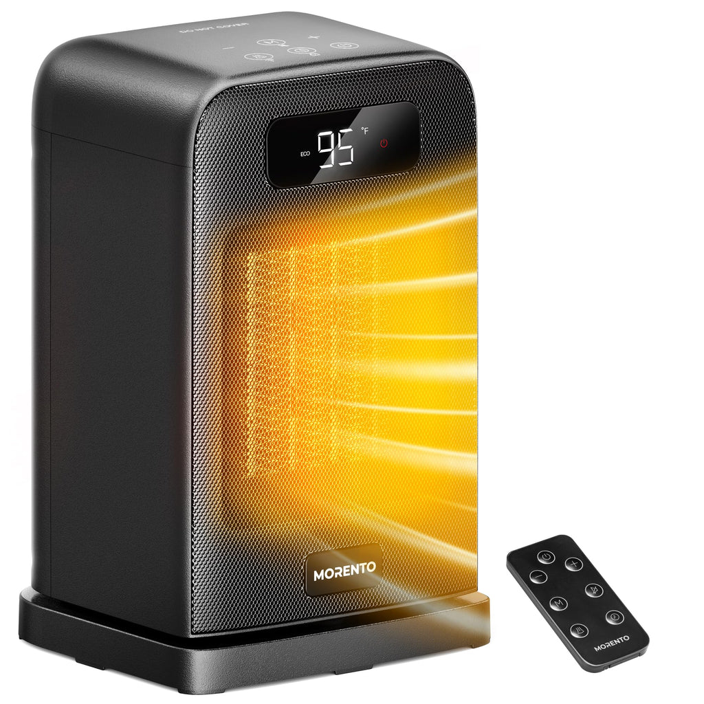 MORENTO Space Heater, 70° Oscillation, LED Display, 12H Timer, Thermostat, Overheat Protection, ECO, Small Space Heaters for Indoor Use, 1500W Ceramic, Heater for Bedroom, Office, Home (Black, 1 Pack)