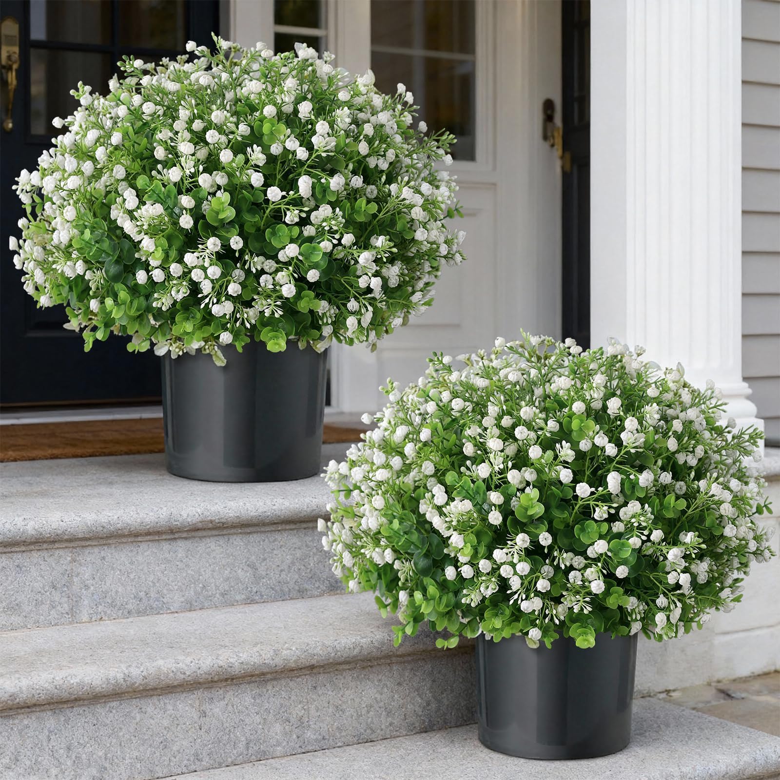 Artificial Eucalyptus with Baby's Breath Topiary Ball Trees - 2 Set Plastic Faux Eucalyptus Plants in Pot, Sun Resistant Fake Greenery Potted Bushes for Front Door Farmhouse Garden Porch Decor