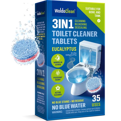 WoldoClean 3in1 Toilet Bowl Cleaner Tablets 35 Uses - Automatic Tank & Bowl Descaler, Heavy Duty Limescale & Hard Water Stain Remover, Eucalyptus Scent, No Blue Water Dye
