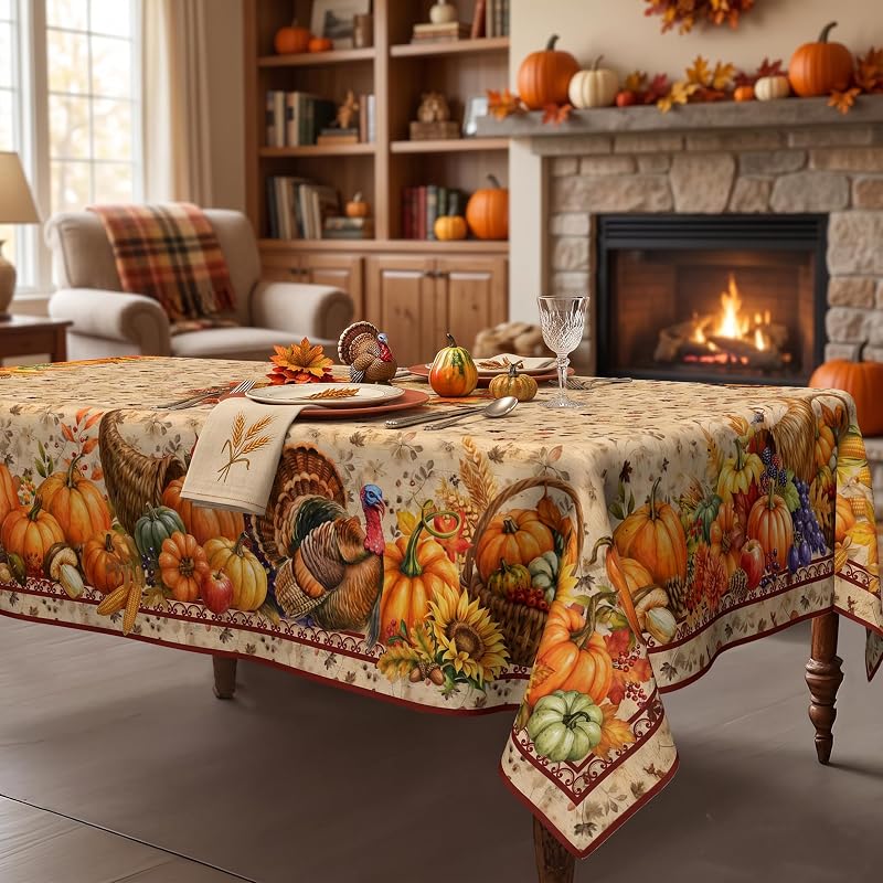 Thanksgiving 54x54 Inch Square Tablecloth – Vintage Harvest Border, Waterproof Spun Polyester