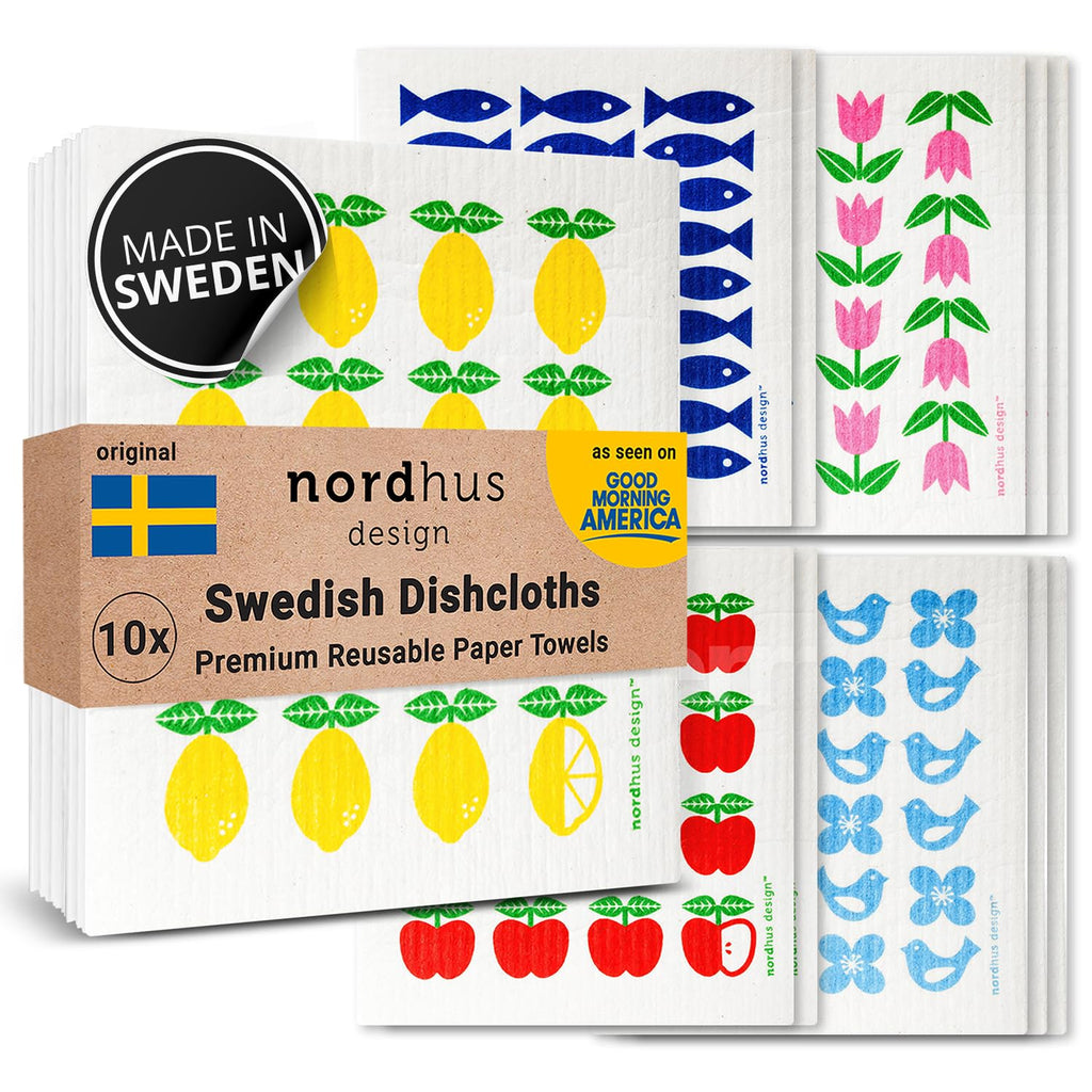 Nordhus Design Swedish Dishcloths (10 Pack) – Reusable Swedish Dish Cloths for Kitchen, Eco Friendly Cellulose Sponge Cloth, Ultra Absorbent, Odor Free, Replaces Paper Towels, Washable & Compostable